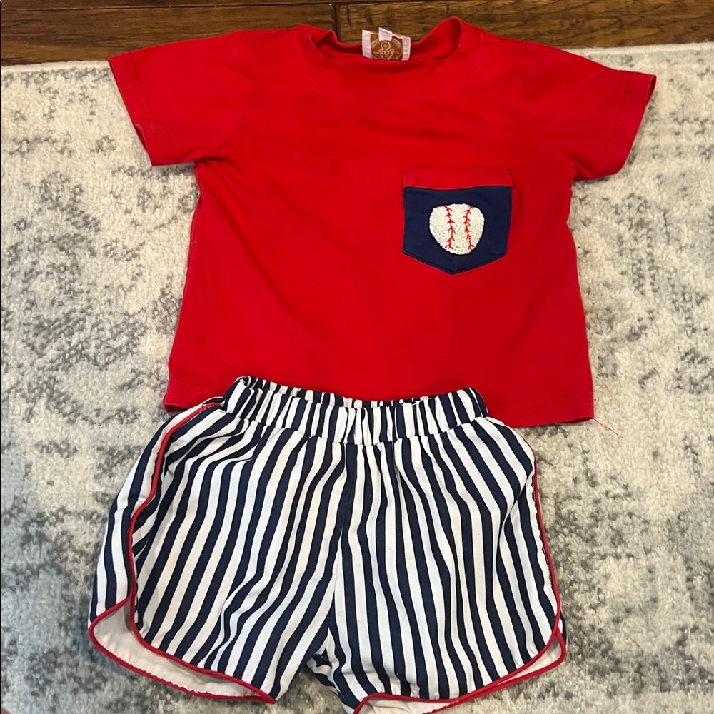 Southern Sass Smocks Red Baseball Tee and Striped Shorts Set
